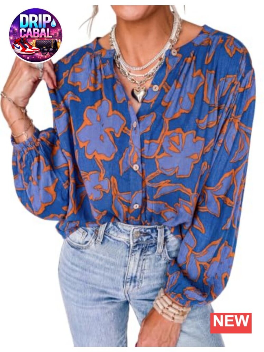 Boho Floral Button Down Blouse Balloon Sleeve Loose Fit
